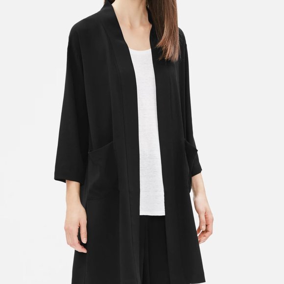 NWTEileen Fisher Black Silk Georgette Crepe Long Kimono Jacket